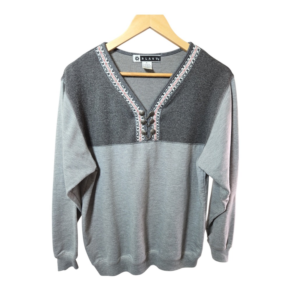 BLAST Women's Gray Longsleeve V Neck Button Detail Nordic Design‎ Top Size M